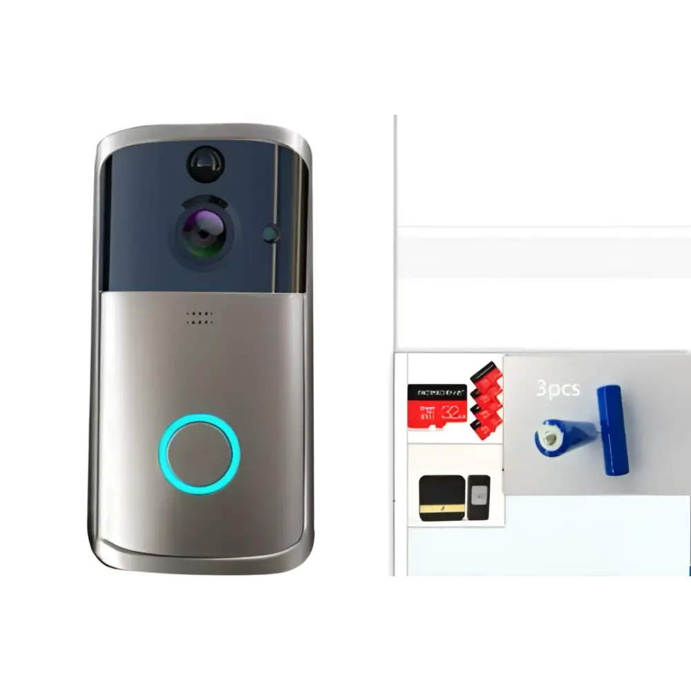 Silver and black wifi video doorbell camera with a circular blue led ring and black rectangular wifi design