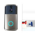 Silver and black rectangular wifi video doorbell camera with a circular blue led ring below the lens