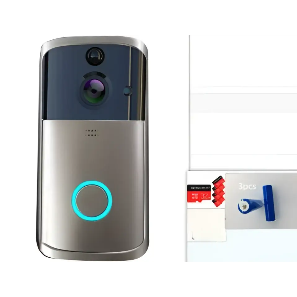Silver and black rectangular wifi video doorbell camera with a circular blue led ring below the lens