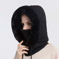 Black windproof warm knit hooded scarf with plush faux fur lining and drawstring for cold weather protection