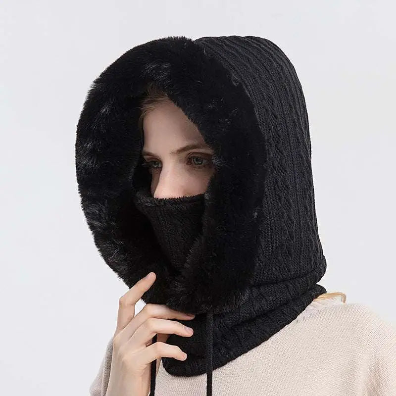 Black windproof warm knit hooded scarf with plush faux fur lining and drawstring for cold weather protection