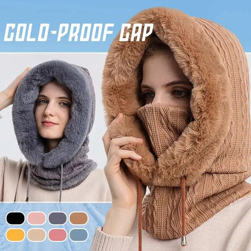 Windproof warm knit hat with hooded scarf in brown featuring a fuzzy face covering for winter protection