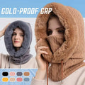 Windproof warm knit hat with hooded scarf in brown featuring a fuzzy face covering for winter protection