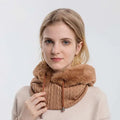 A cozy tan windproof warm knit hooded scarf with plush fuzzy hood and matching drawstrings for cold weather