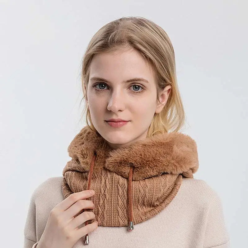 A cozy tan windproof warm knit hooded scarf with plush fuzzy hood and matching drawstrings for cold weather