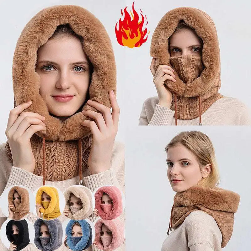 Windproof warm knit hat with hooded scarf in brown featuring a fuzzy face covering for winter protection