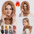 Brown windproof warm knit hooded scarf with faux fur lining knit fabric and drawstring closure for cold weather