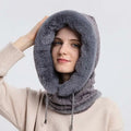 Gray faux fur-lined windproof warm knit hooded scarf hat with knitted collar and drawstrings for winter use