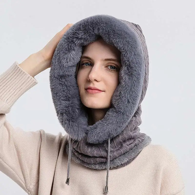Gray faux fur-lined windproof warm knit hooded scarf hat with knitted collar and drawstrings for winter use