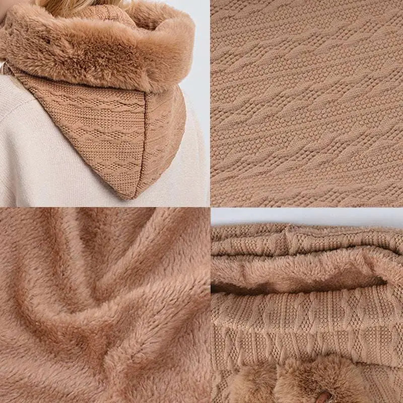 Beige windproof warm knit hooded scarf featuring a textured cable knit pattern with faux fur trim cowl neck