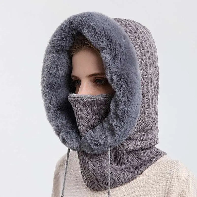 Gray windproof warm knit hooded scarf with plush faux fur trim and integrated face mask for cold weather