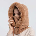 A cozy tan windproof warm knit hooded scarf with plush faux fur lining and drawstrings for cold weather use