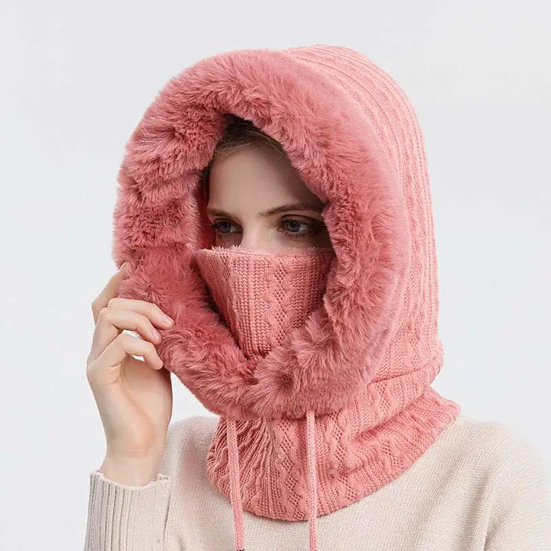 Pink windproof warm knit hat with fluffy faux fur trim and attached face mask in hooded scarf style