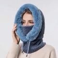 Blue windproof warm knit hooded scarf with faux fur lining and drawstring closure for cold weather use
