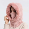 Pink windproof warm knit hooded scarf with fluffy faux fur hood and drawstring for cold weather use