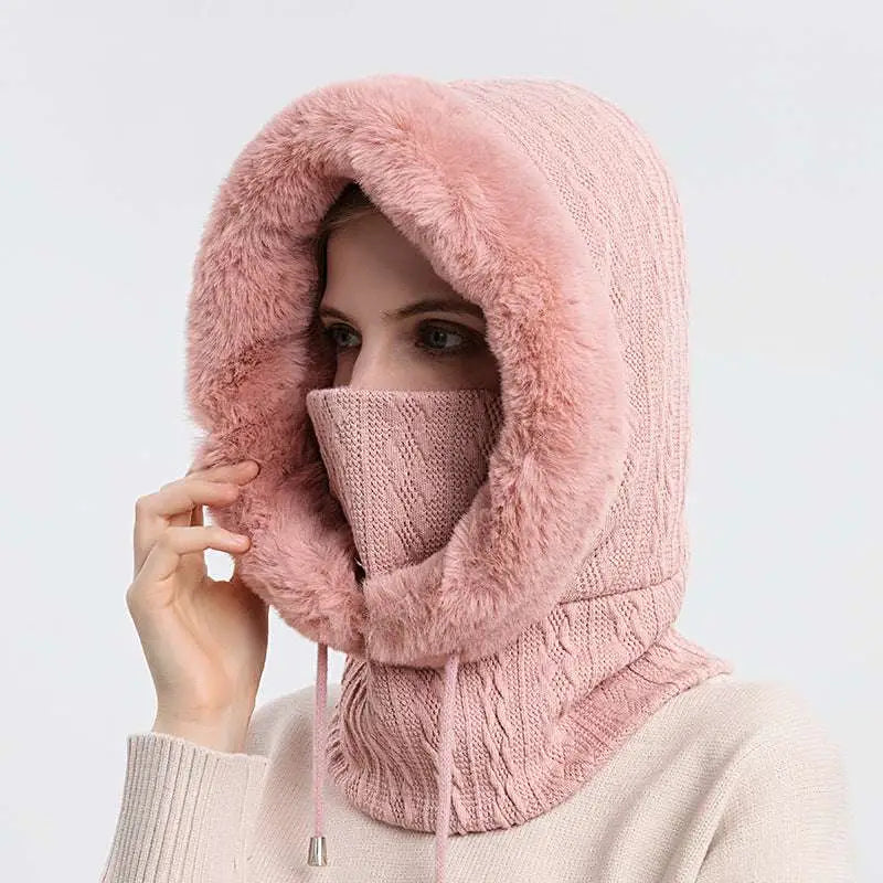 Pink windproof warm knit hooded scarf with fluffy faux fur hood and drawstring for cold weather use