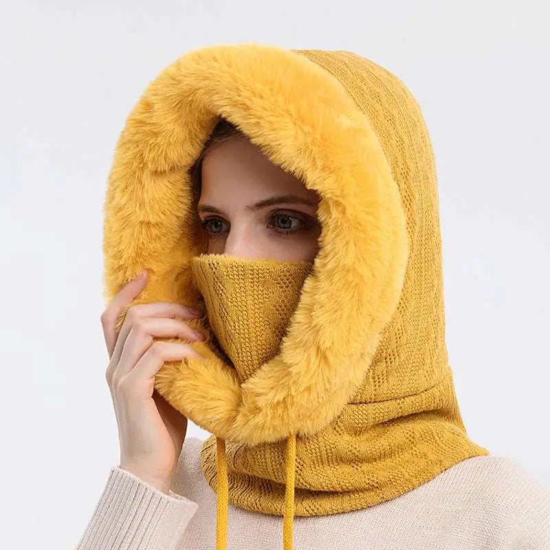 A mustard-yellow windproof warm knit hooded scarf with plush faux fur lining and drawstrings for winter use
