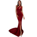Wine red one shoulder satin mermaid annual meeting dress with high slit in solid color design