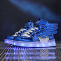 Blue and white winged white high top light shoes for children with glowing led soles and charging light shoes feature