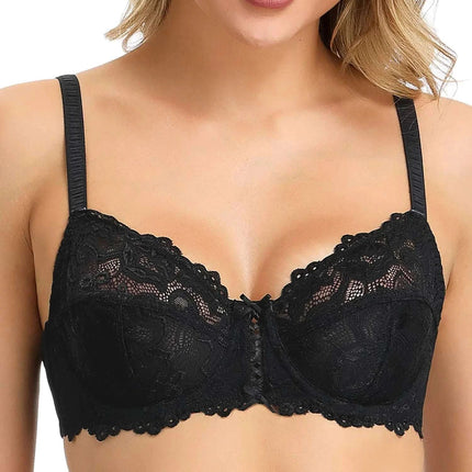 Wingslove Womens Sexy Lace Bra Non Padded Underwire Unlined Bra Full Coverage Plus Size Lace Bralette (Black 42C) - Royalessencelux