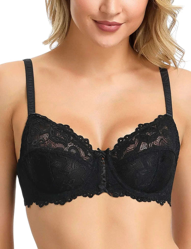 Wingslove Womens Sexy Lace Bra Non Padded Underwire Unlined Bra Full Coverage Plus Size Lace Bralette (Black 42C) - Royalessencelux
