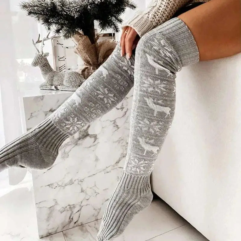 Gray knitted over-the-knee christmas thigh-high stockings with white reindeer and snowflake patterns for winter christmas warm use