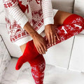Red and white knitted christmas thigh-high stockings with snowflake and reindeer patterns for winter christmas warm wear