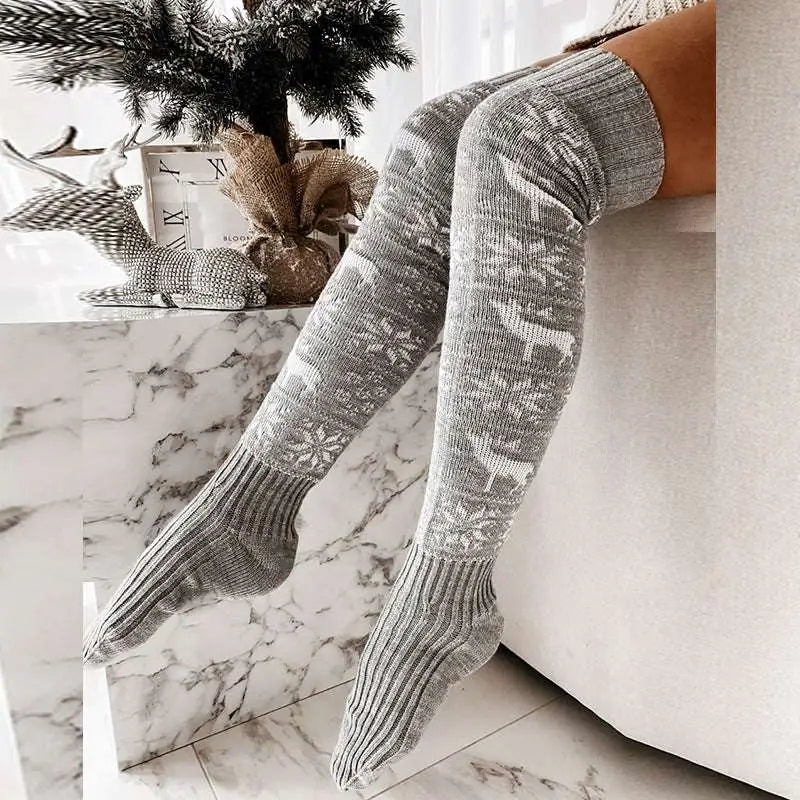 Gray knit over-the-knee christmas thigh-high stockings with white snowflake and reindeer pattern for knitted reindeer dress