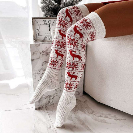 Winter Christmas Warm Knitted Women Stocking Beautiful Elk Snowflake Jacquard Over - the - knee Casual Long Socks For Ladies Gifts Free Size - Royalessencelux