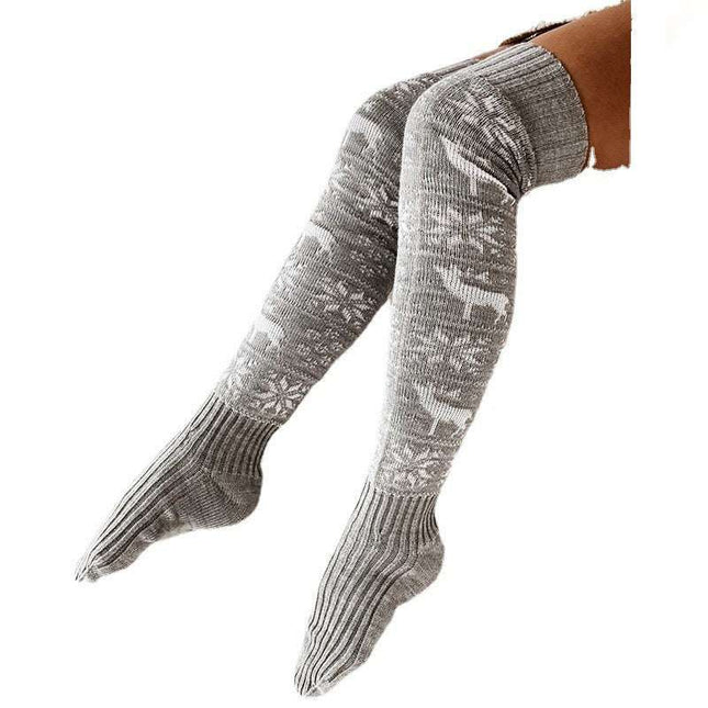 Winter Christmas Warm Knitted Women Stocking Beautiful Elk Snowflake Jacquard Over - the - knee Casual Long Socks For Ladies Gifts Free Size - Royalessencelux