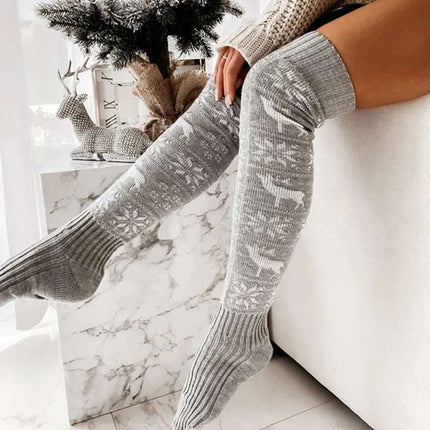 Winter Christmas Warm Knitted Women Stocking Beautiful Elk Snowflake Jacquard Over - the - knee Casual Long Socks For Ladies Gifts Free Size - Royalessencelux