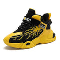 Black and yellow winter cotton shoes with waterproof leather uppers featuring lightning bolt designs and velcro straps