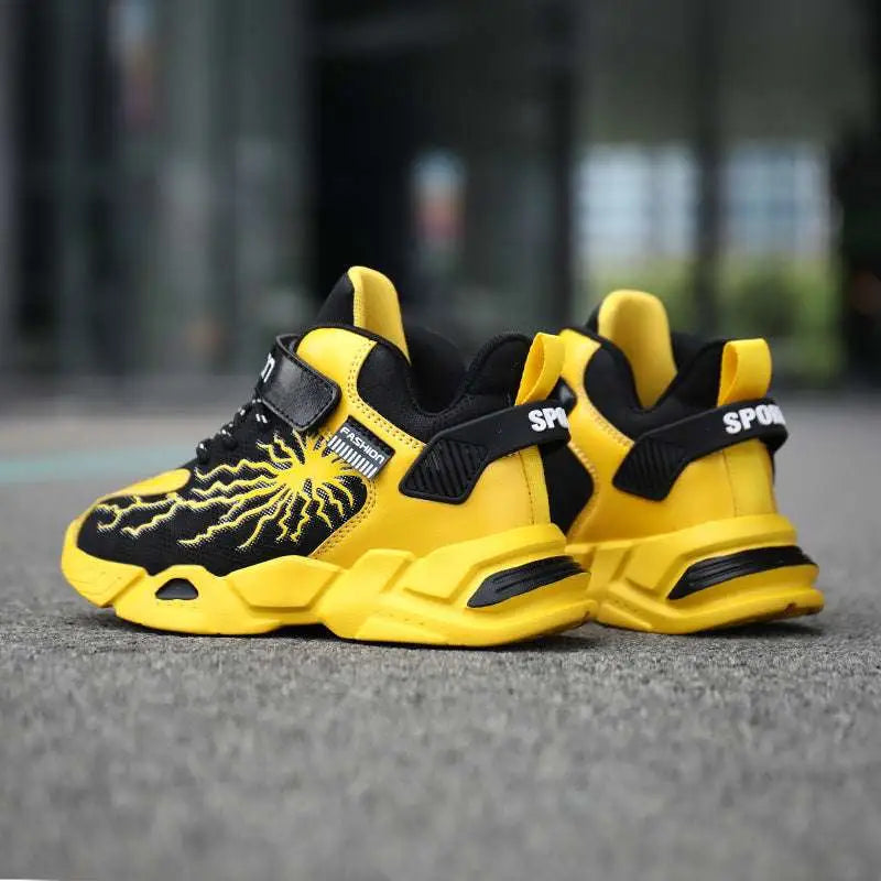 Bright yellow and black winter cotton shoes with waterproof leather uppers and bold lightning bolt designs with velcro straps