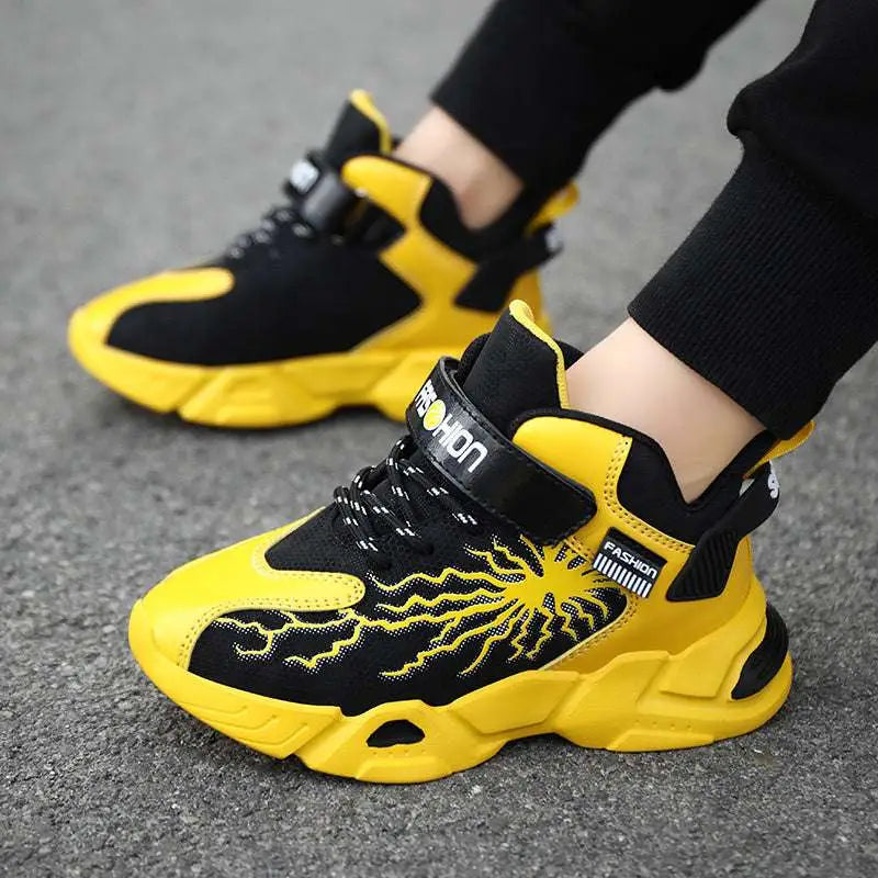 Black and yellow winter cotton shoes with waterproof leather uppers featuring lightning bolt designs and velcro straps