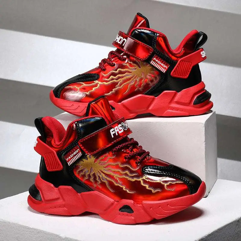 Vibrant red and black winter cotton shoes with waterproof leather uppers and gold lightning bolt designs on high tops