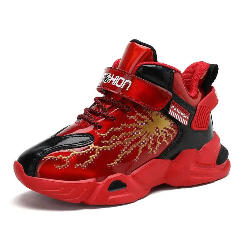 Red and black winter cotton shoes with waterproof leather uppers and gold lightning bolt designs on a glossy synthetic upper