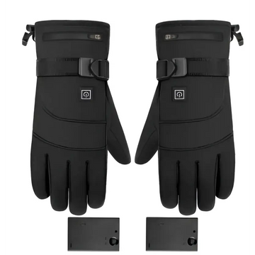 Black insulated winter electric heated gloves with adjustable straps and battery box type shown from back side