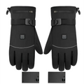 Black insulated winter electric heated gloves with adjustable wrist straps and a battery box type on the back side