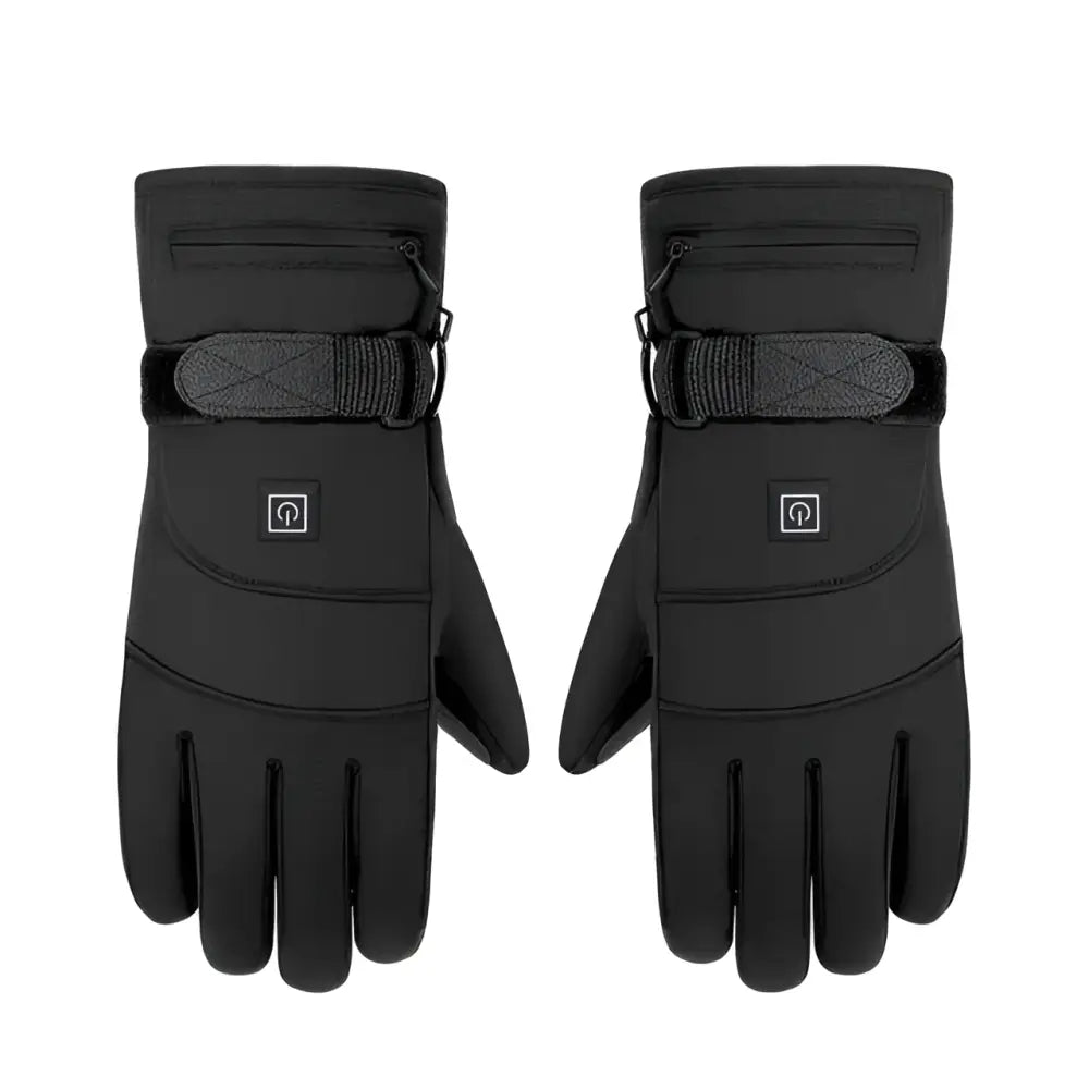 Black insulated winter electric heated gloves with textured wrist strap and subtle brand logo on the back side each hand battery box type