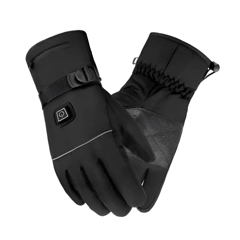Black insulated winter electric heated gloves with reinforced palm panels battery box type and adjustable wrist strap