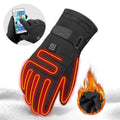 Black insulated winter electric heated gloves with glowing circuit lines and battery box type power button on wrist back side