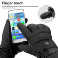 Black insulated winter electric heated gloves with touchscreen compatibility and wrist power button battery box type