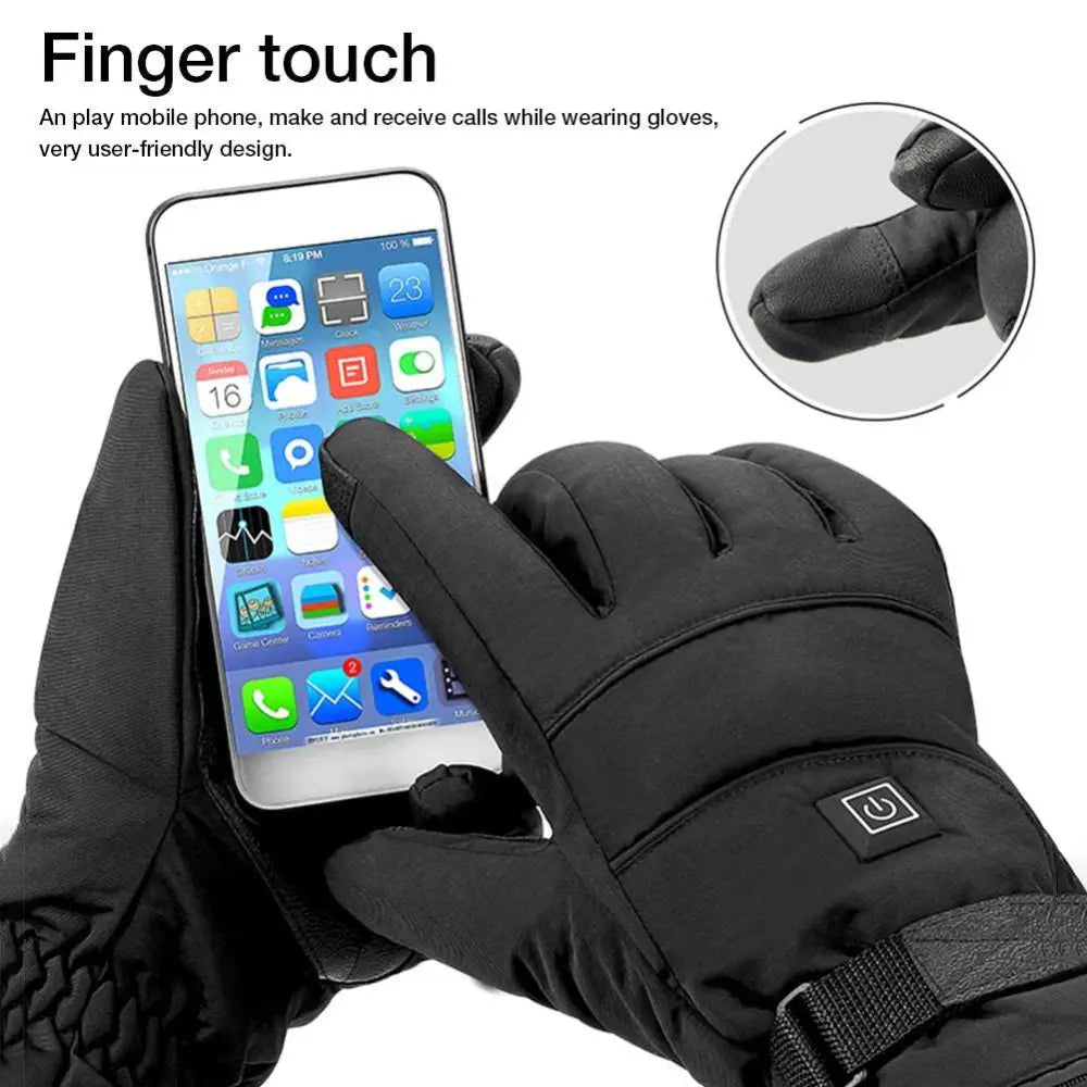 Black insulated winter electric heated gloves with touchscreen compatibility and wrist power button battery box type