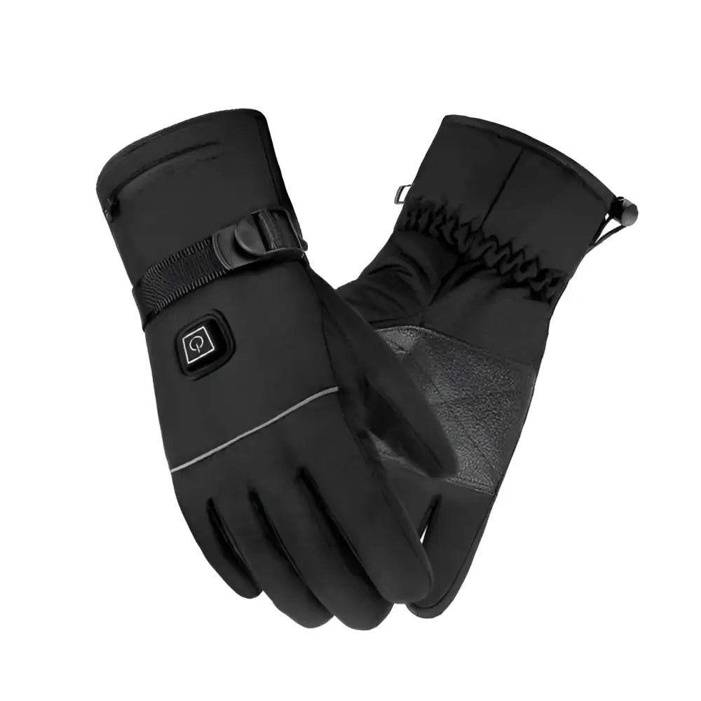 Black insulated winter electric heated gloves with reinforced palm panels battery box type and adjustable wrist strap