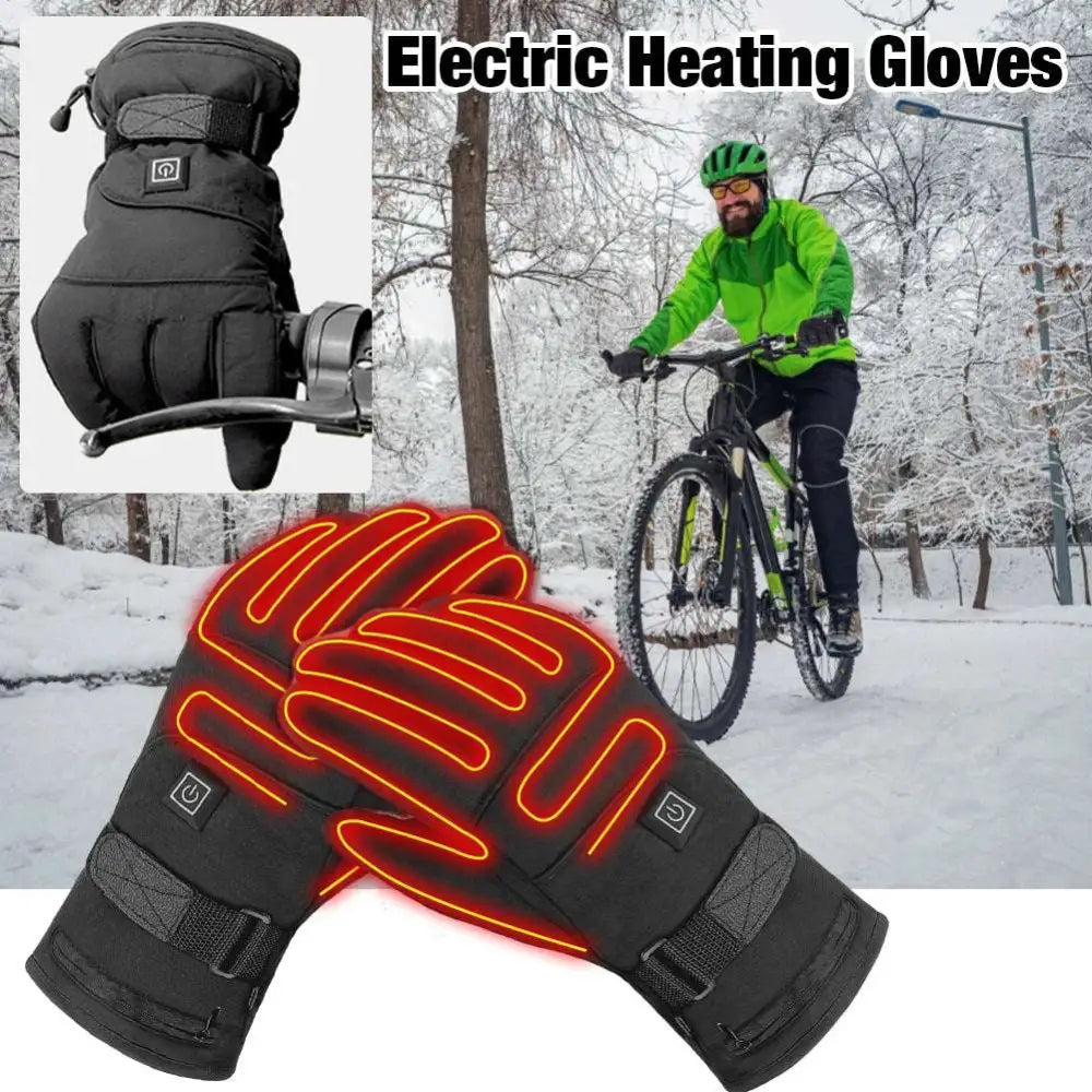 Black insulated winter electric heated gloves with red glowing heat lines and power button on back side with battery box type