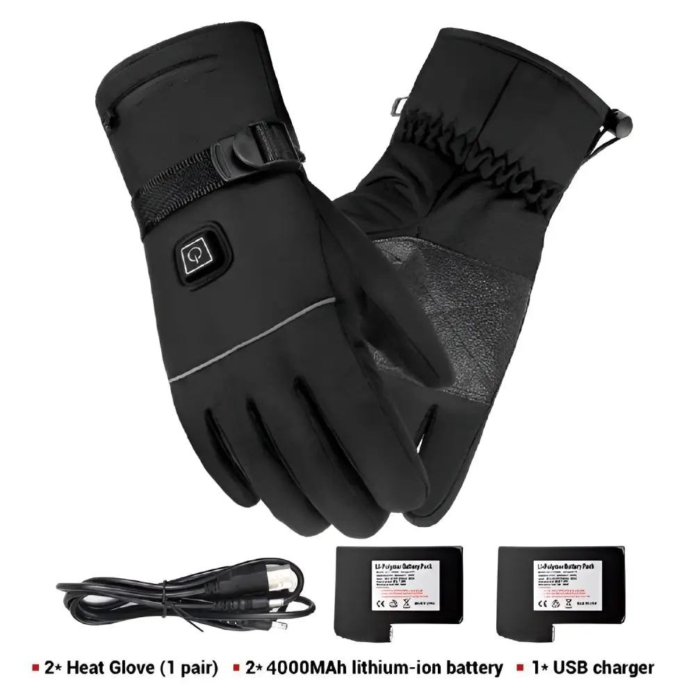 Black insulated winter electric heated gloves with glowing circuit lines and battery box type power button on wrist back side