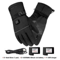 Black insulated winter electric heated gloves with reinforced palm panels and adjustable wrist straps featuring battery box type design