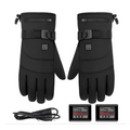Black insulated winter electric heated gloves with adjustable wrist straps battery box type and charging cable shown from back side
