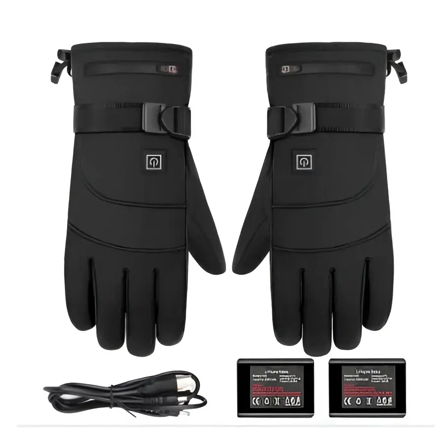 Black insulated winter electric heated gloves with adjustable wrist straps battery box type and charging cable shown from back side
