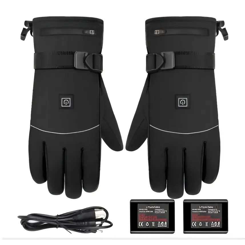 Black insulated winter electric heated gloves with sleek durable design gray stitching and battery box type back view